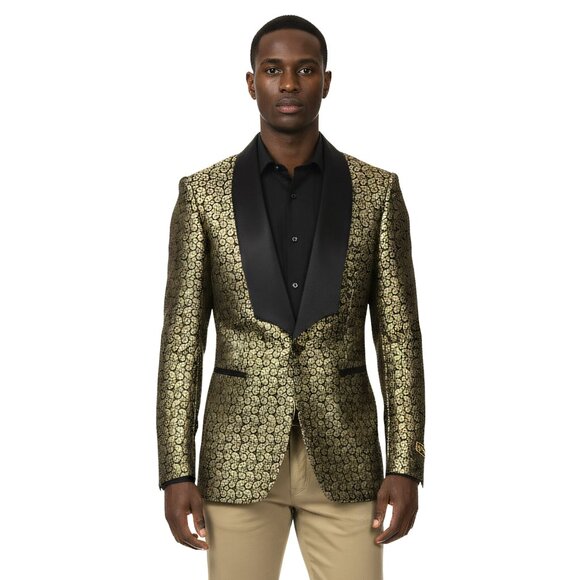Empire™ Metallic Gold Paisley Shawl Lapel Hybrid Fit Blazer, Gold - Picture 1 of 5